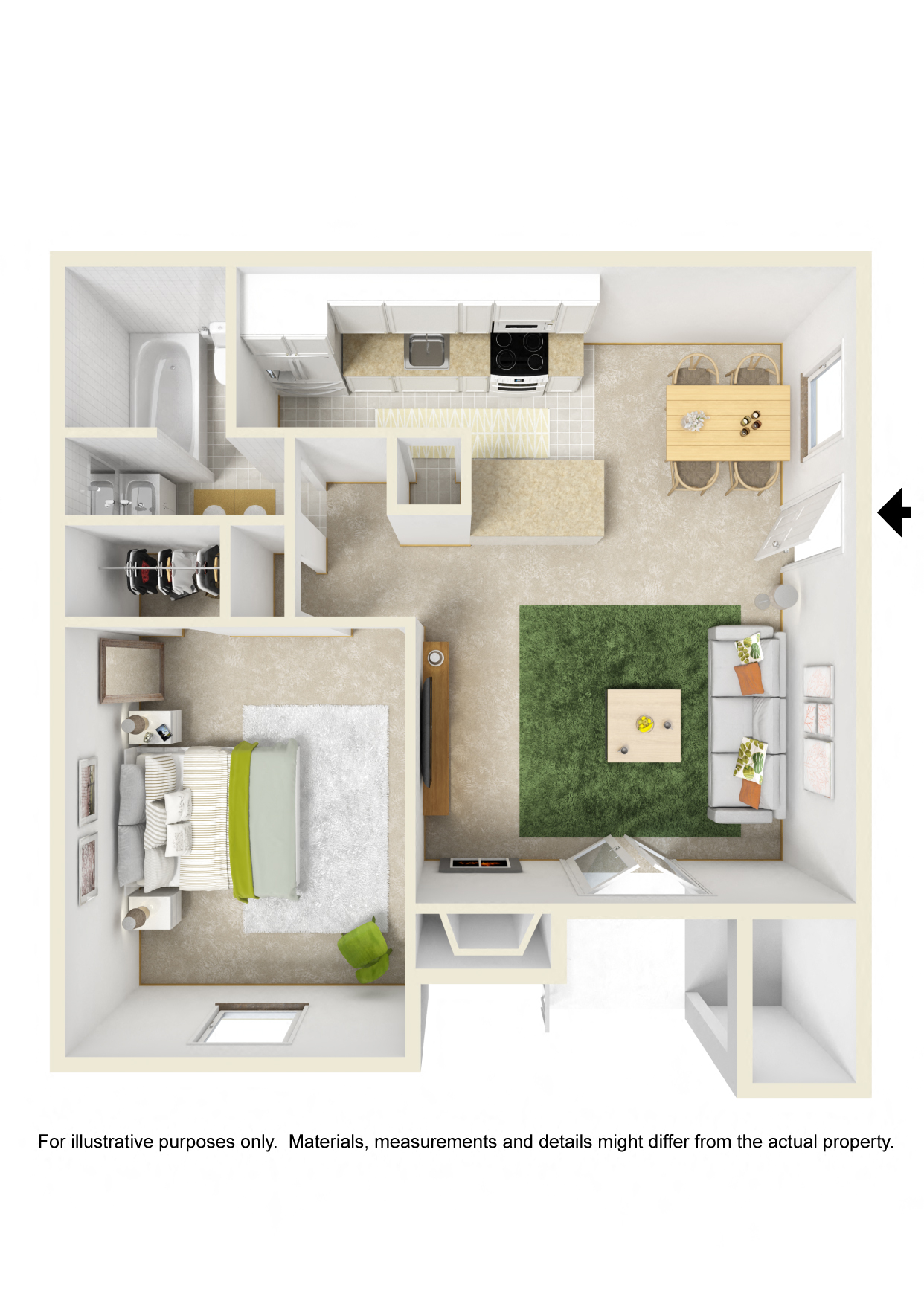 Floor plan for 1 bed, 1 bath, 660 sqft